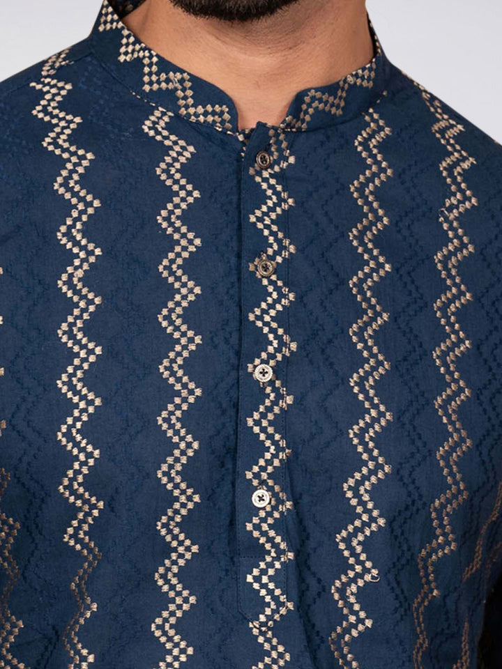 Navy Art Silk Zigzag Kurta Cream Churidar Set | SHOBITAM