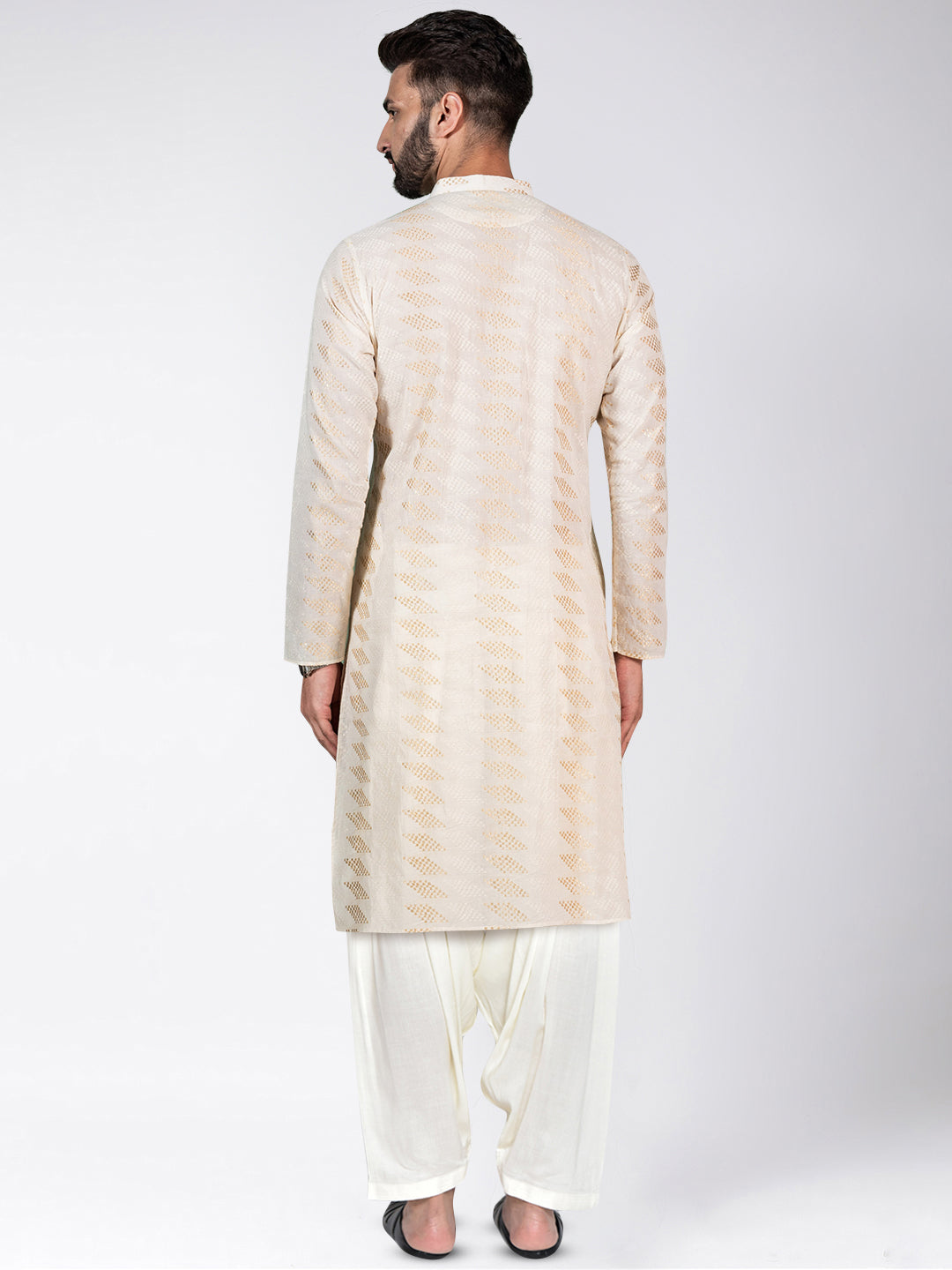 Cream Art Silk Geometric Textured Long Kurta  | SHOBITAM