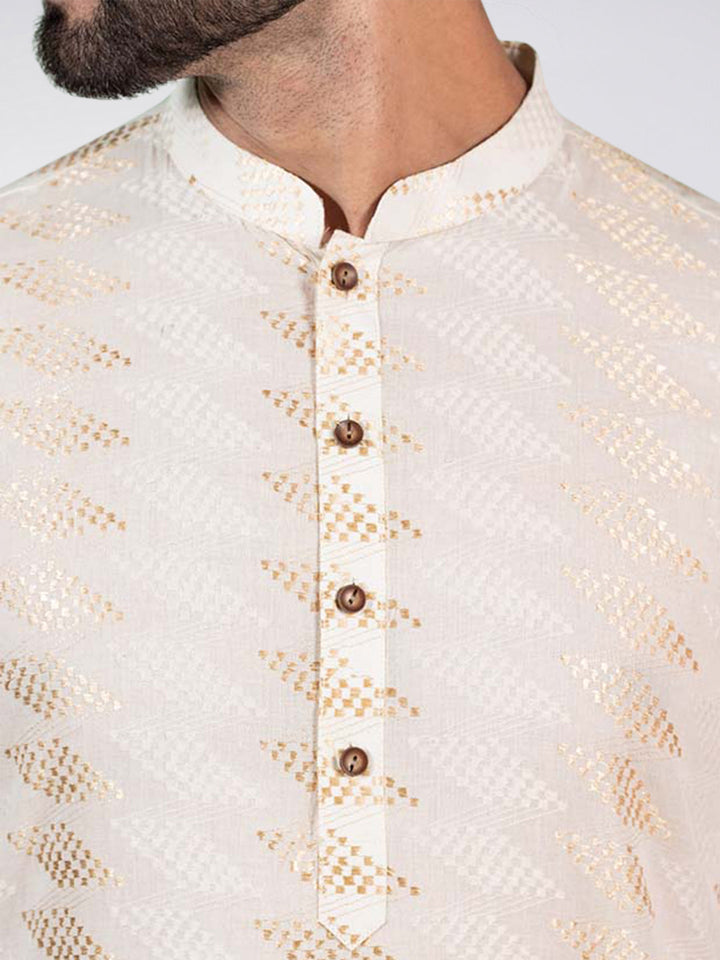 Cream Art Silk Geometric Textured Long Kurta  | SHOBITAM