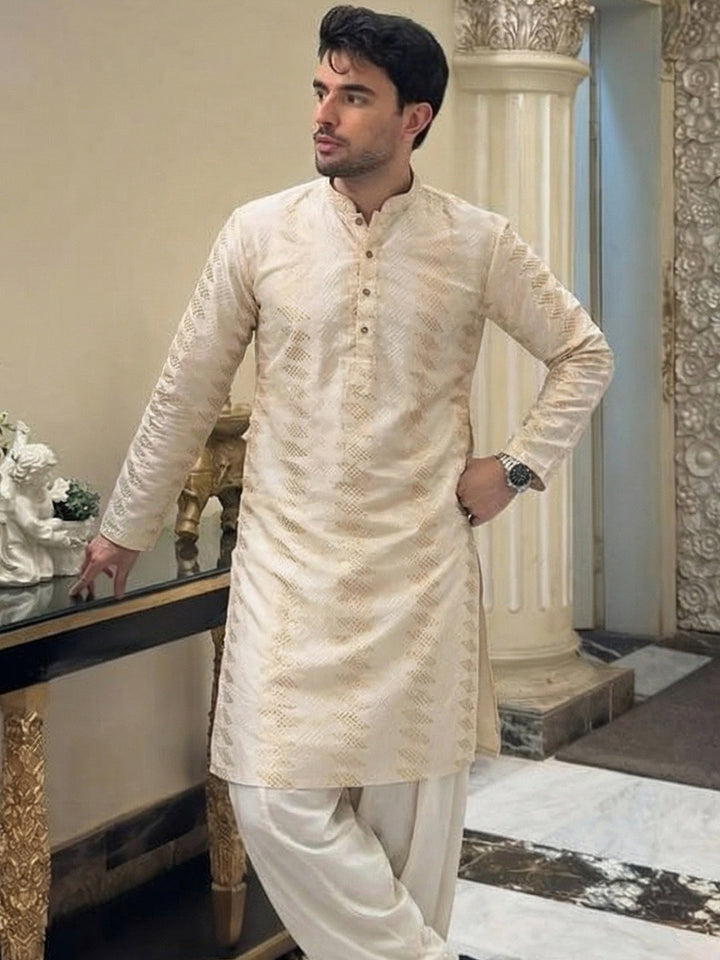 Cream Art Silk Geometric Textured Long Kurta  | SHOBITAM