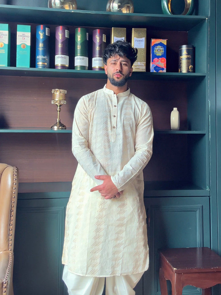 Cream Art Silk Geometric Textured Long Kurta  | SHOBITAM