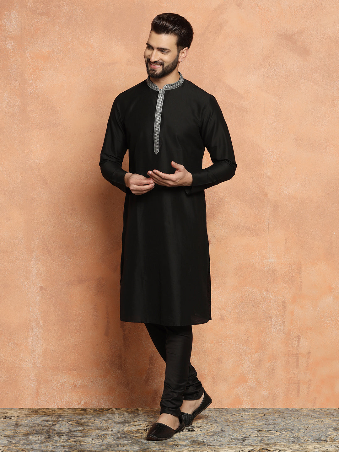 Black Cotton Silk Kurta Churidar Set | SHOBITAM