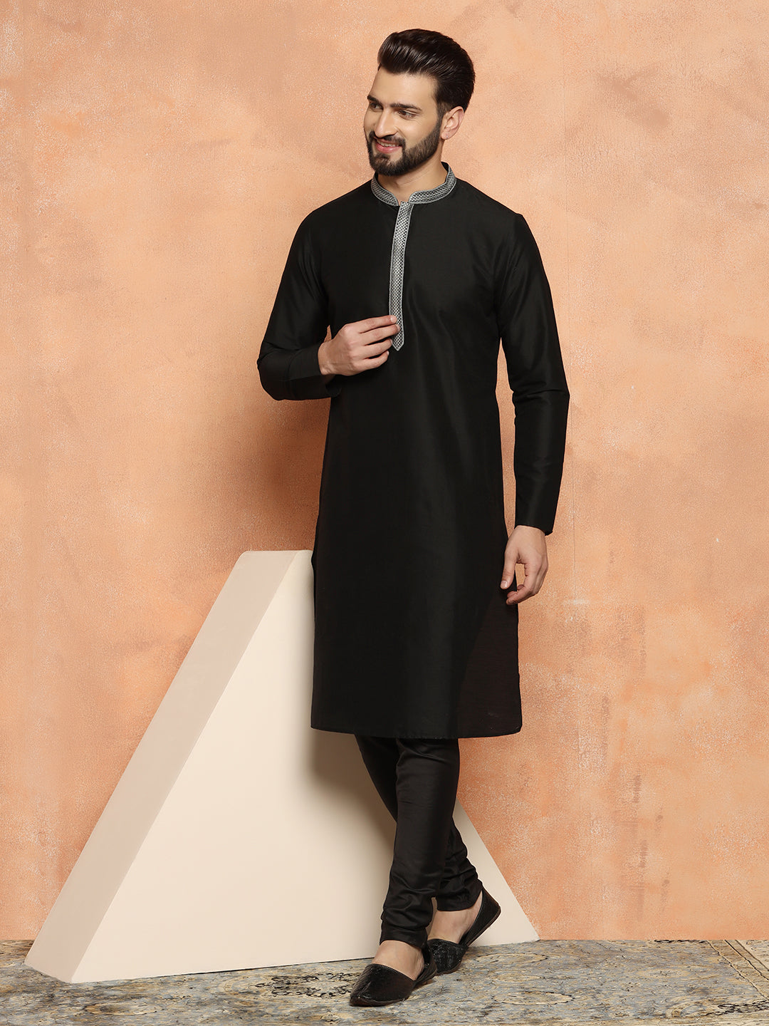 Black Cotton Silk Kurta Churidar Set | SHOBITAM