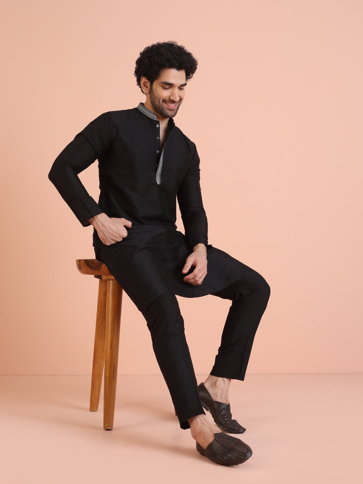 Black Silk Blend Kurta Set with Embroidered Collar Detailing and Matching Trousers |SHOBITAM
