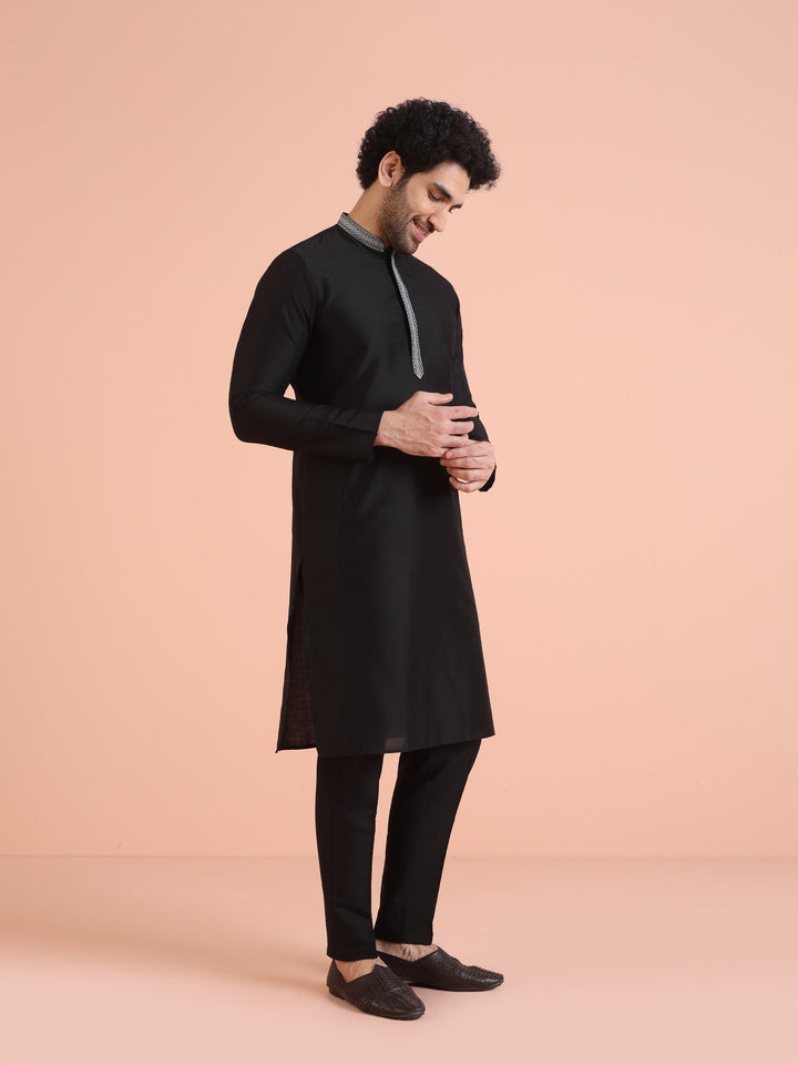 Black Silk Blend Kurta Set with Embroidered Collar Detailing and Matching Trousers |SHOBITAM