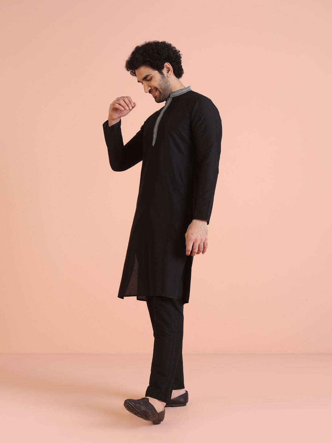 Black Silk Blend Kurta Set with Embroidered Collar Detailing and Matching Trousers |SHOBITAM