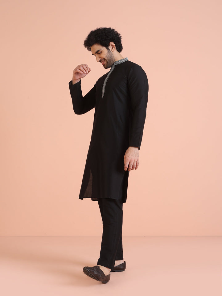 Black Silk Blend Kurta Set with Embroidered Collar Detailing and Matching Trousers |SHOBITAM