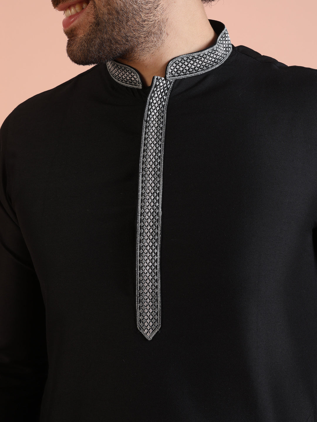 Black Silk Blend Kurta Set with Embroidered Collar Detailing and Matching Trousers |SHOBITAM