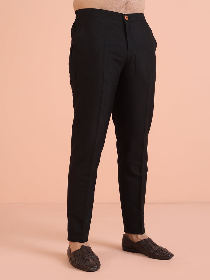 Black Silk Blend Kurta Set with Embroidered Collar Detailing and Matching Trousers |SHOBITAM