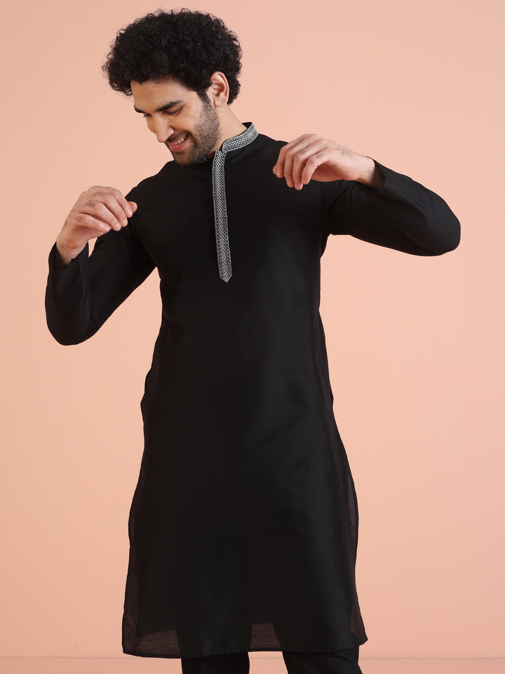 Black Silk Blend Kurta Set with Embroidered Collar Detailing and Matching Trousers |SHOBITAM
