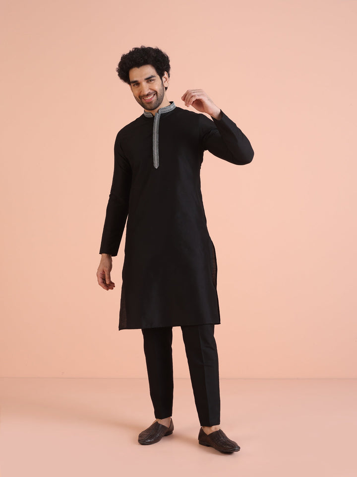 Black Silk Blend Kurta Set with Embroidered Collar Detailing and Matching Trousers |SHOBITAM