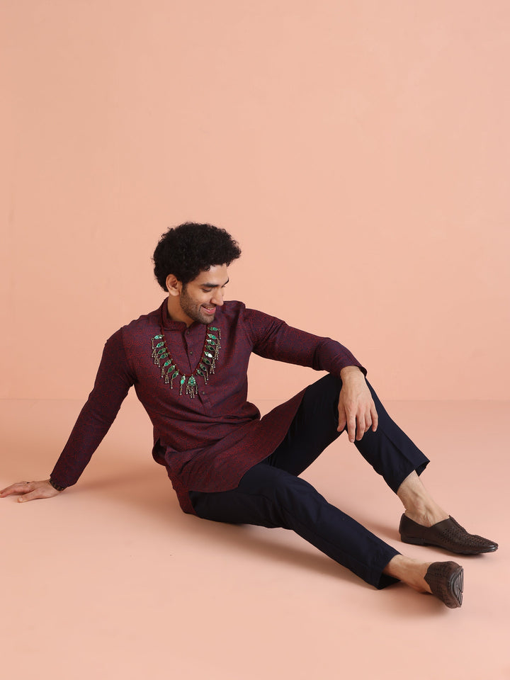 Maroon Cotton Silk Paisley Printed Kurta  | SHOBITAM