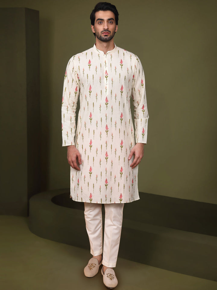 Cream Printed Cotton Silk Kurta Trouser Set