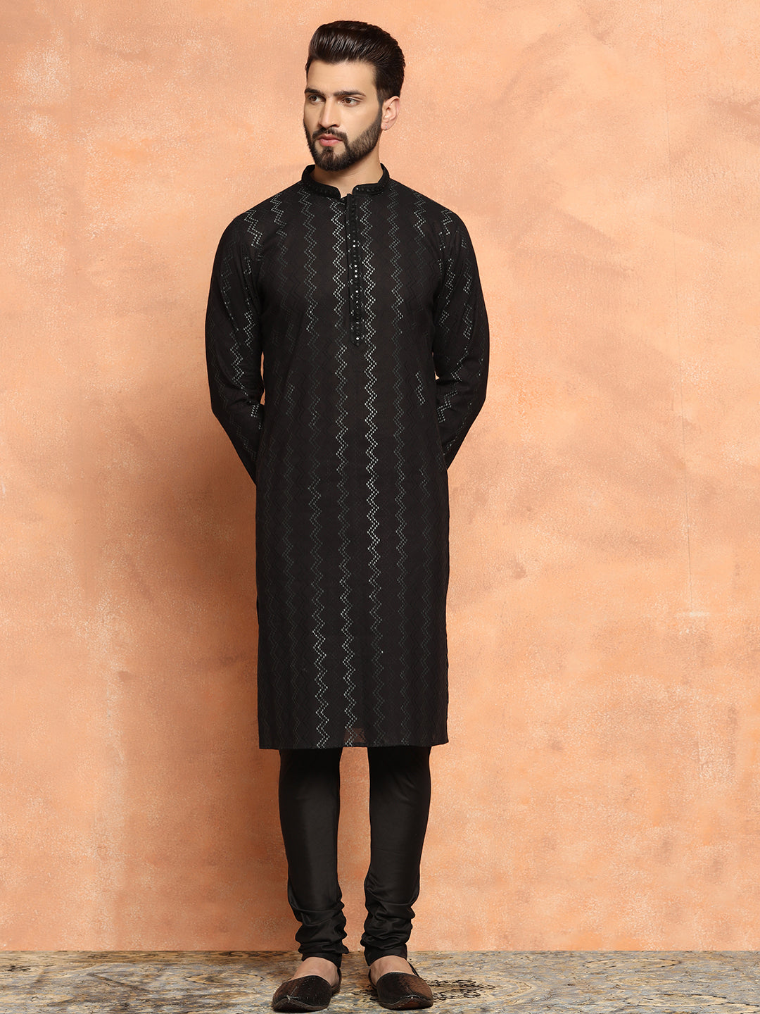 Black Jacquard Woven Silk Blend Kurta | SHOBITAM
