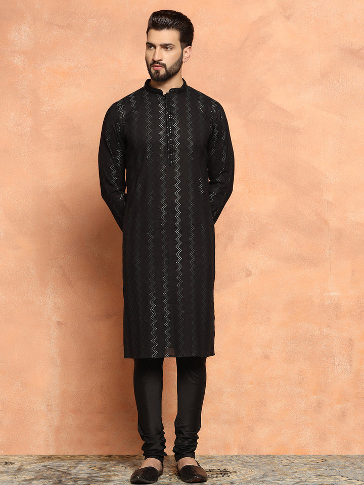 Black Jacquard Woven Silk Blend Kurta | SHOBITAM