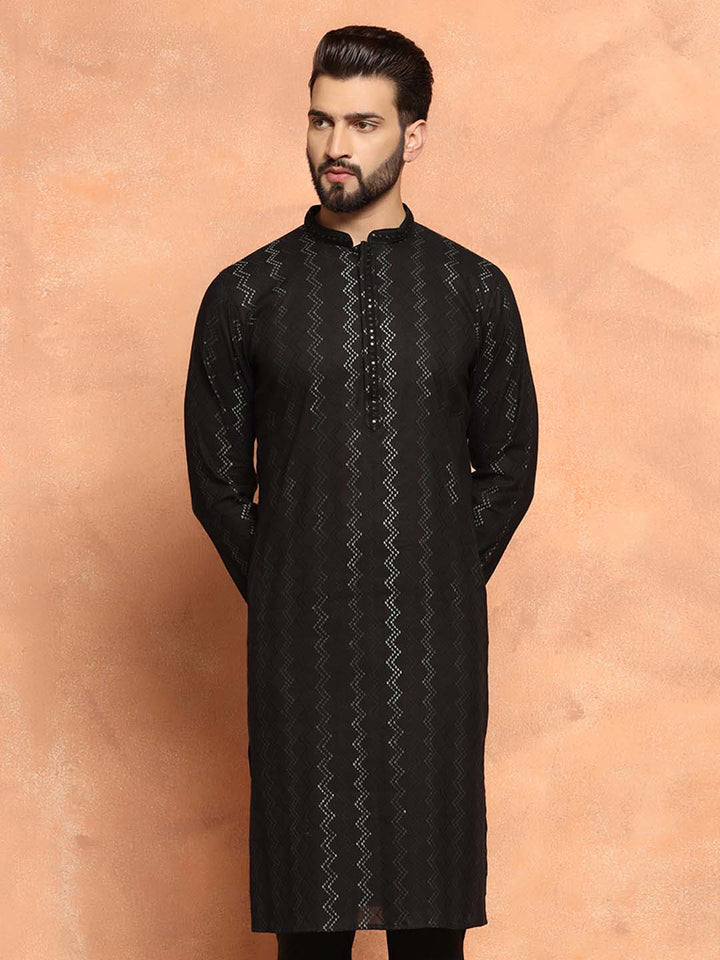 Black Jacquard Woven Silk Blend Kurta | SHOBITAM