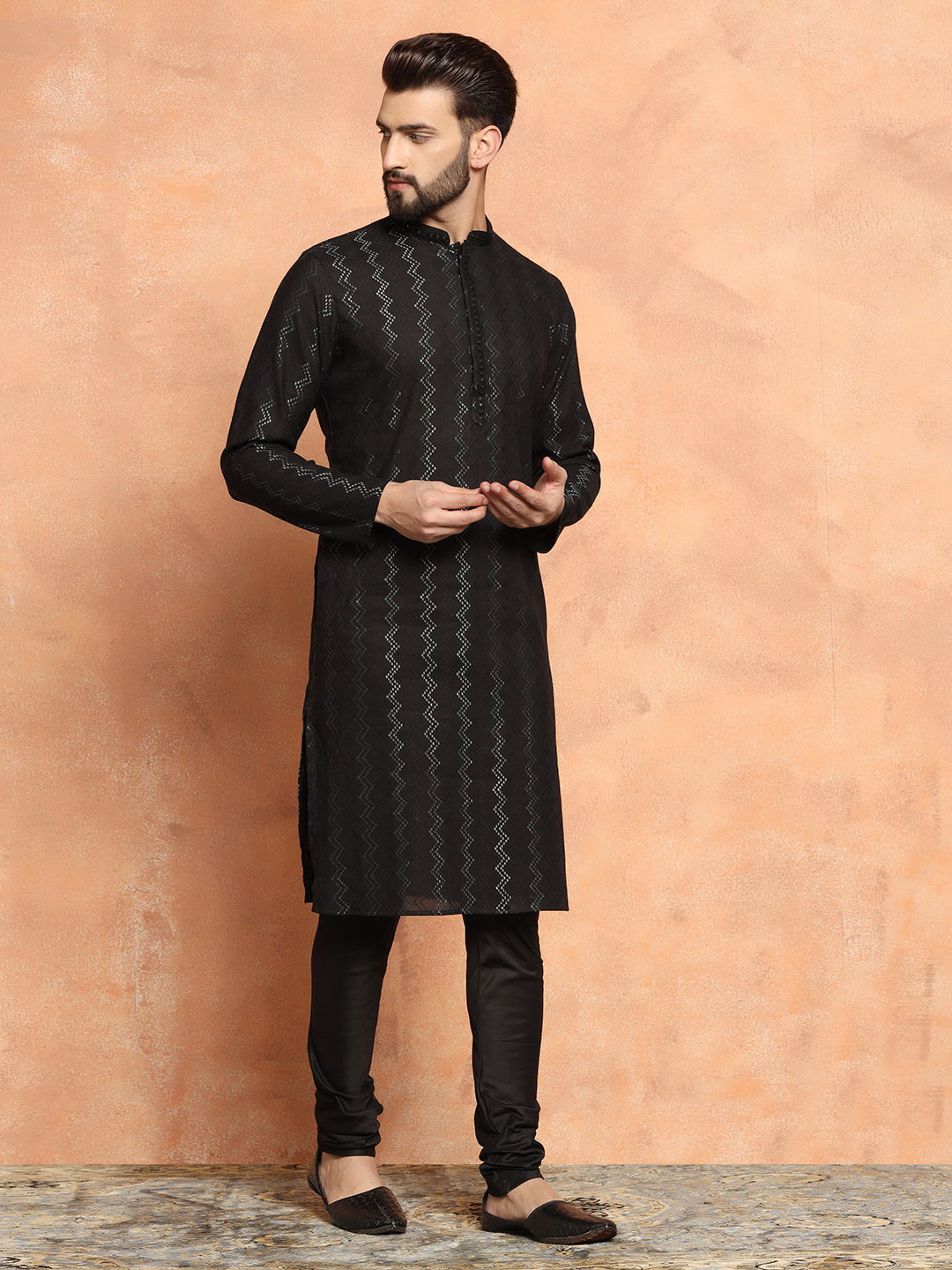 Black Jacquard Woven Silk Blend Kurta | SHOBITAM