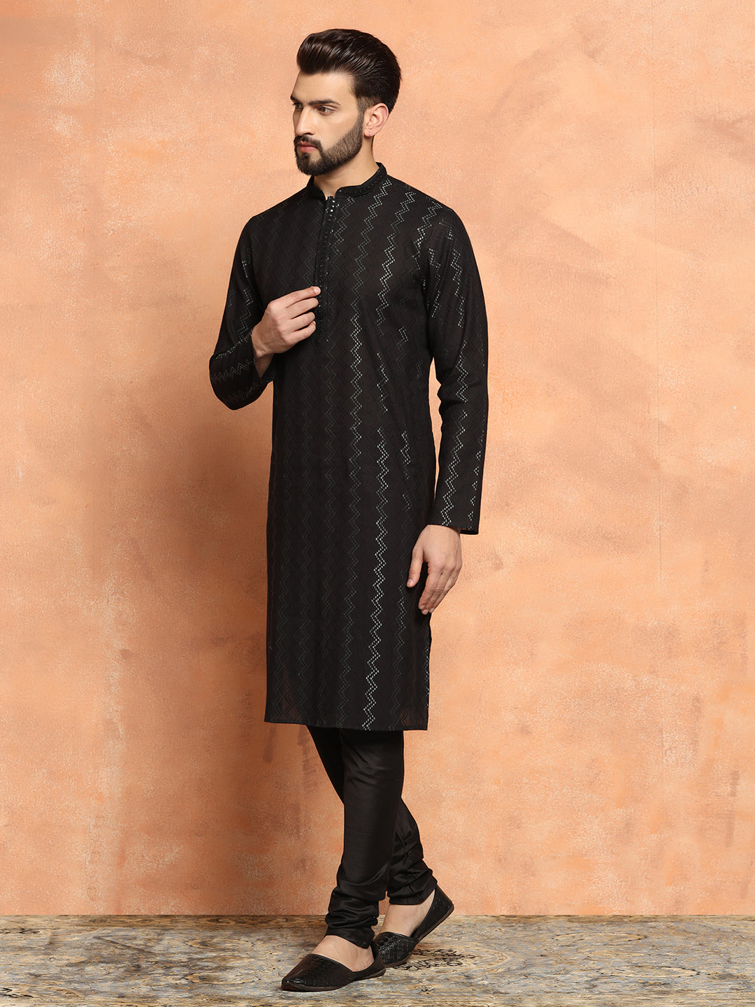 Black Jacquard Woven Silk Blend Kurta | SHOBITAM