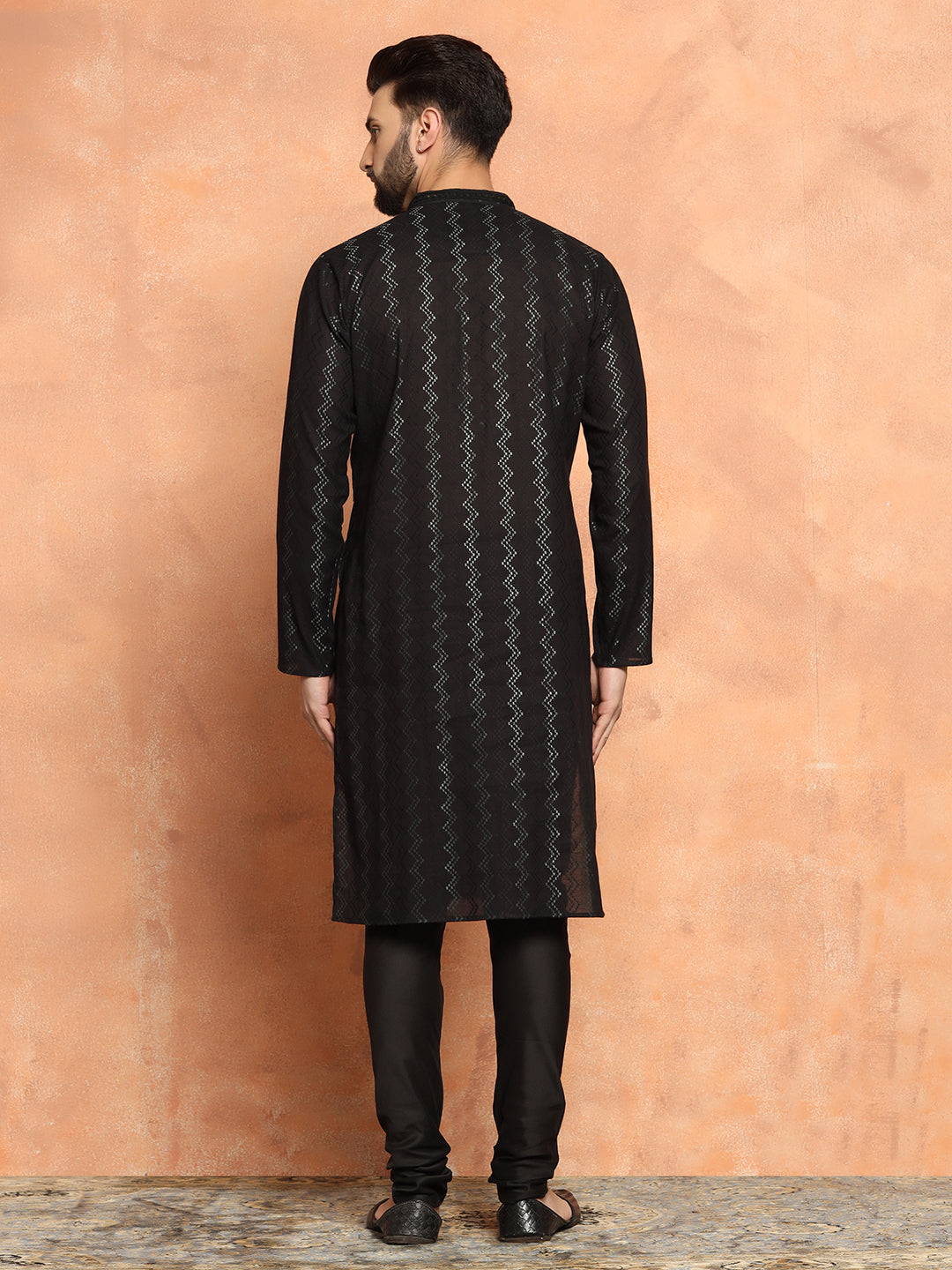 Black Jacquard Woven Silk Blend Kurta | SHOBITAM