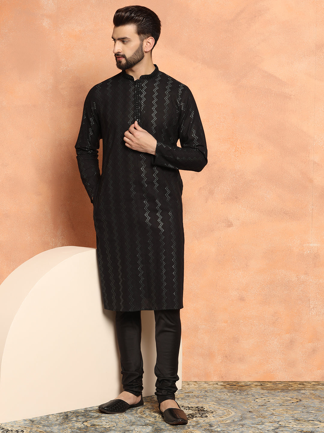 Black Jacquard Woven Silk Blend Kurta | SHOBITAM
