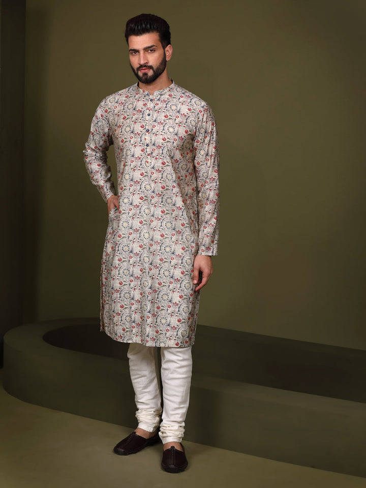 Cream Cotton Printed Kurta Churidar Set | SHOBITAM