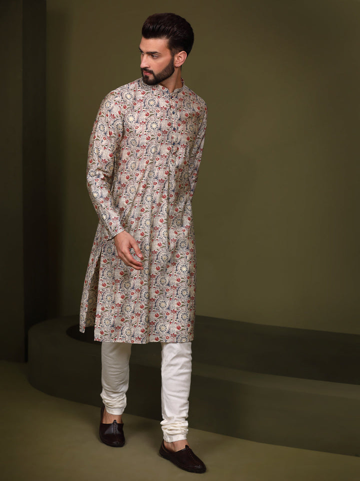 Cream Cotton Printed Kurta Churidar Set | SHOBITAM