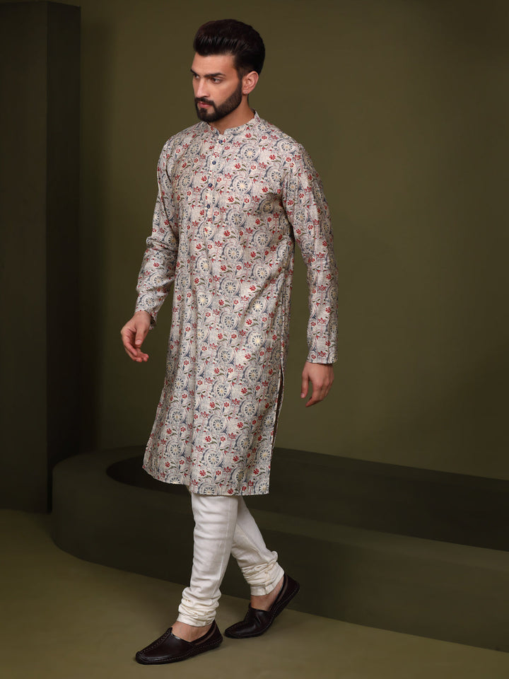 Cream Cotton Printed Kurta Churidar Set | SHOBITAM