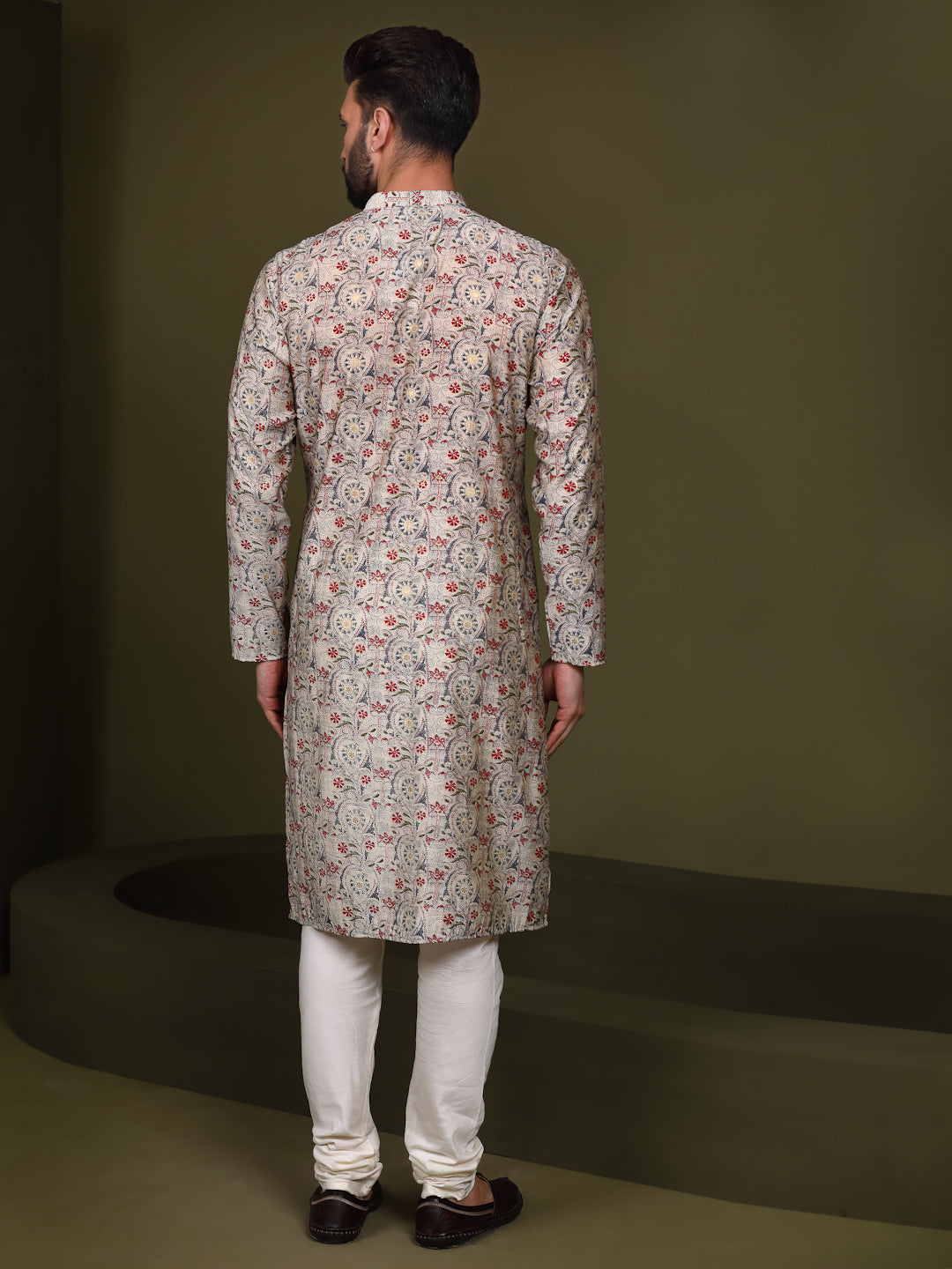 Cream Cotton Printed Kurta Churidar Set | SHOBITAM