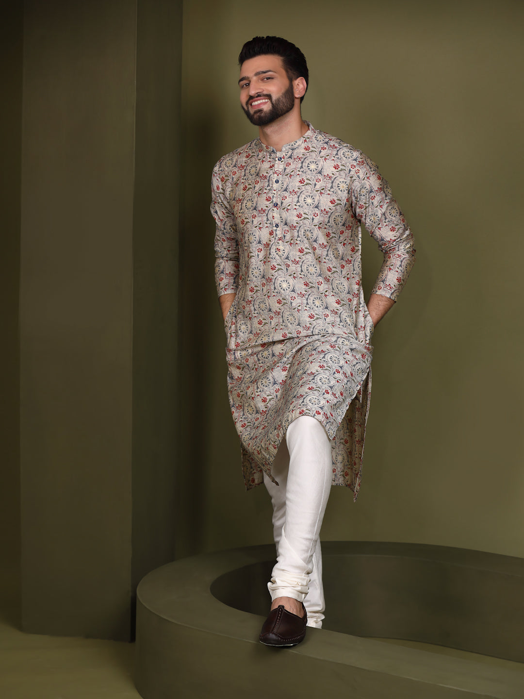 Cream Cotton Printed Kurta Churidar Set | SHOBITAM