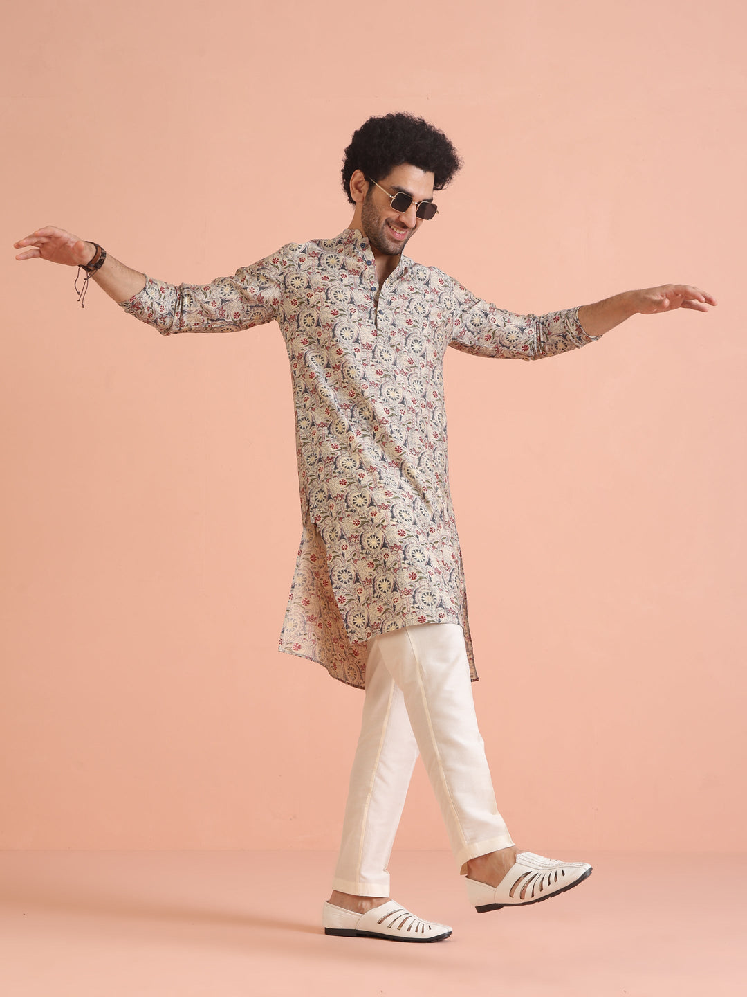 Multicolor Beige Printed Cotton Kurta | SHOBITAM