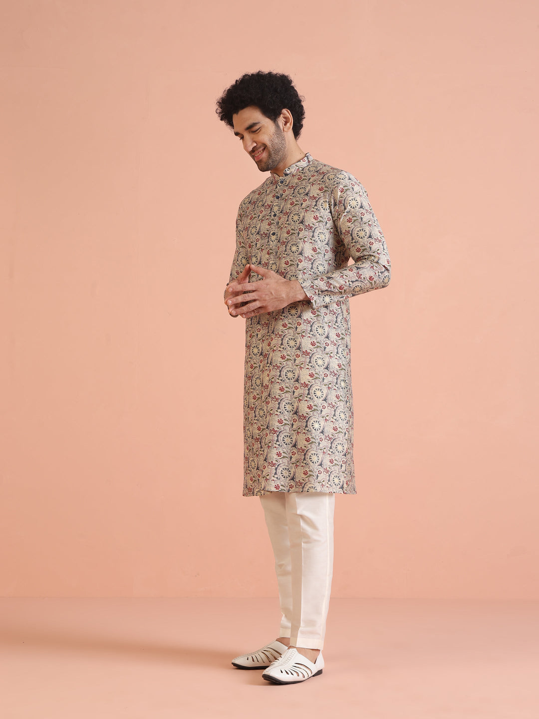Multicolor Beige Printed Cotton Kurta | SHOBITAM