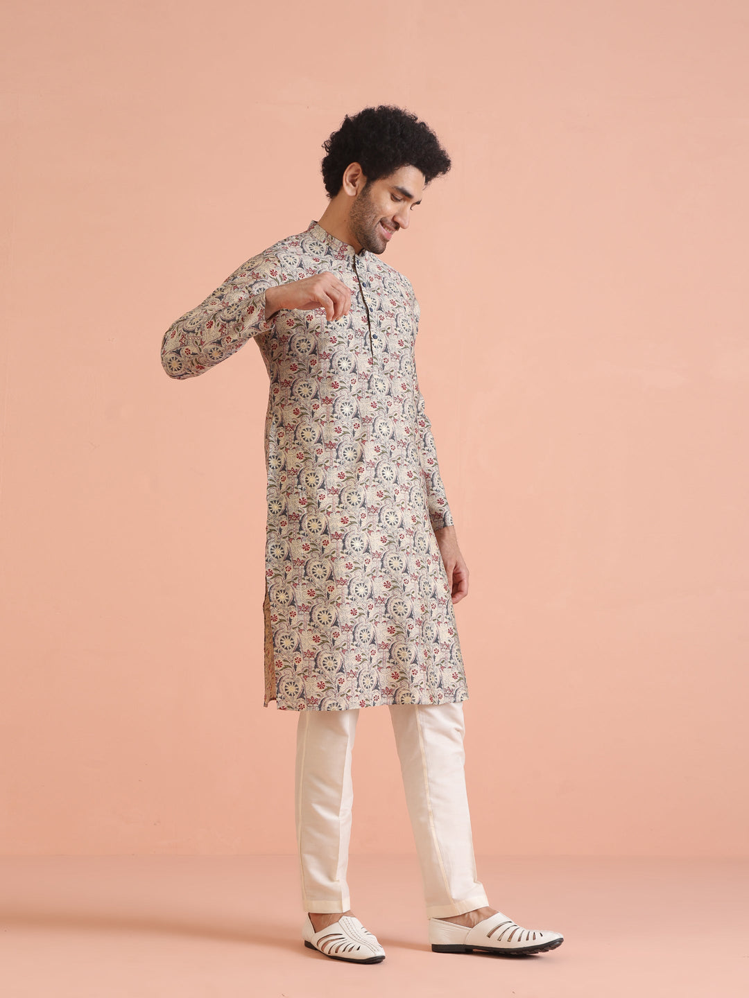 Multicolor Beige Printed Cotton Kurta | SHOBITAM