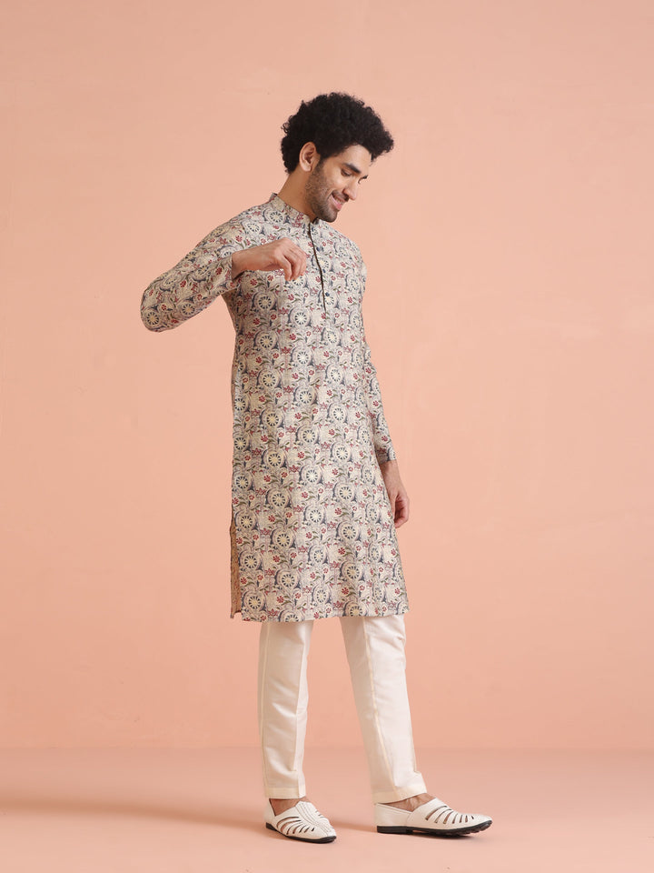 Multicolor Beige Printed Cotton Kurta | SHOBITAM