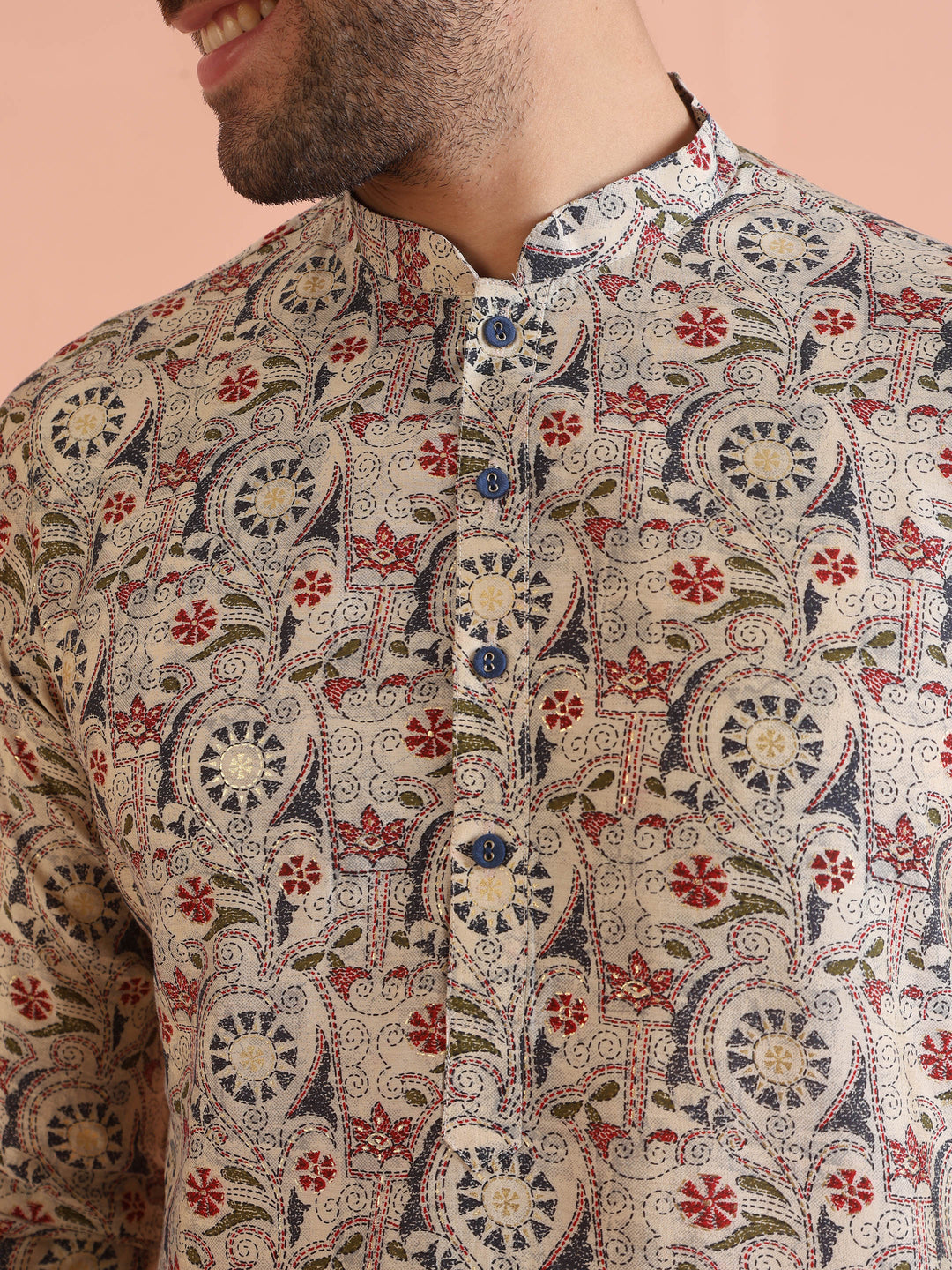 Multicolor Beige Printed Cotton Kurta | SHOBITAM