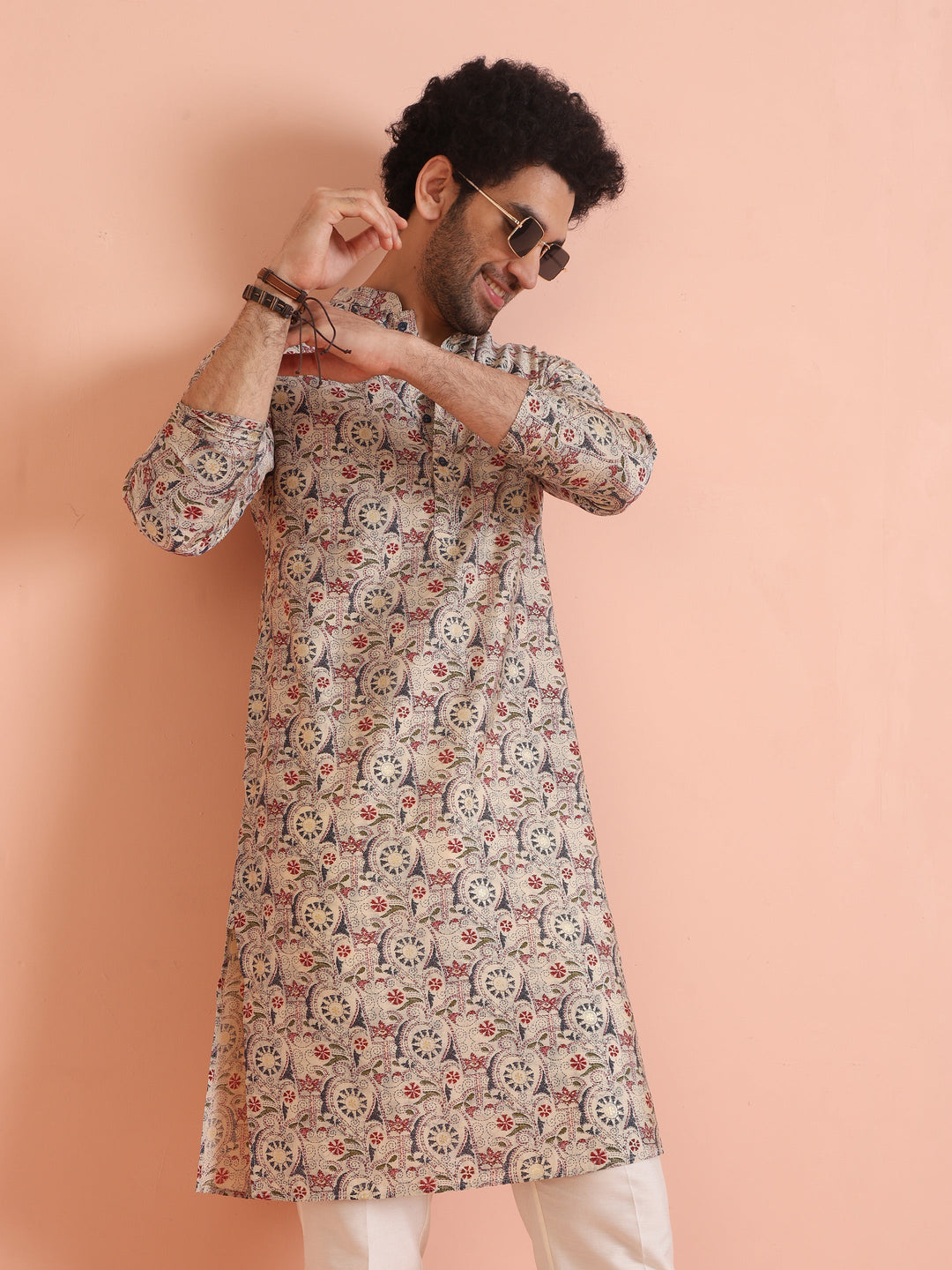 Multicolor Beige Printed Cotton Kurta | SHOBITAM
