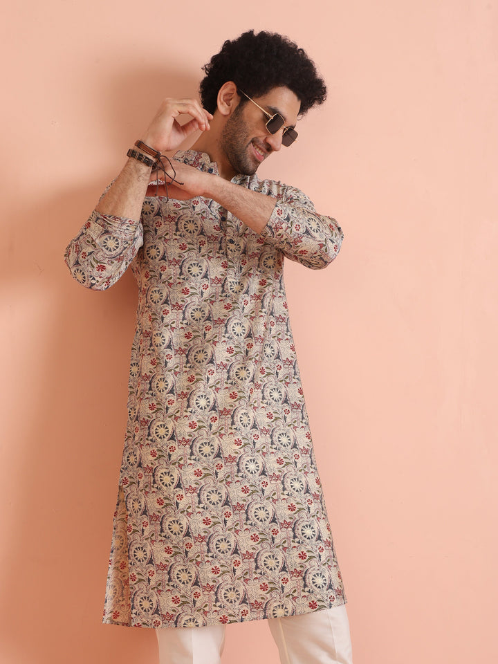 Multicolor Beige Printed Cotton Kurta | SHOBITAM