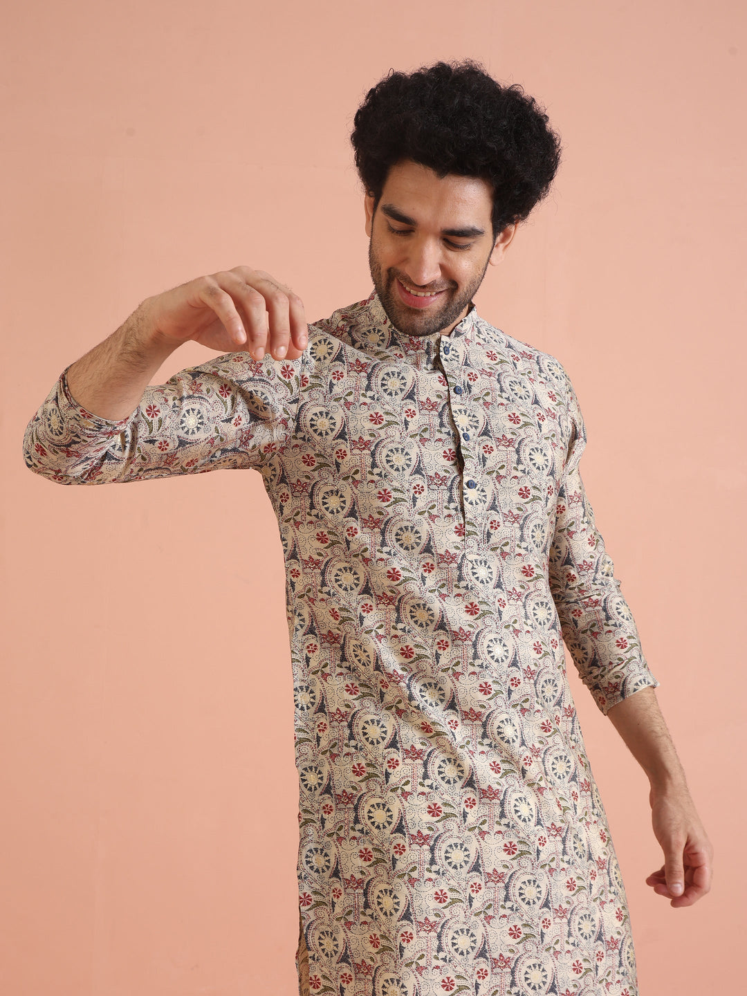 Multicolor Beige Printed Cotton Kurta | SHOBITAM