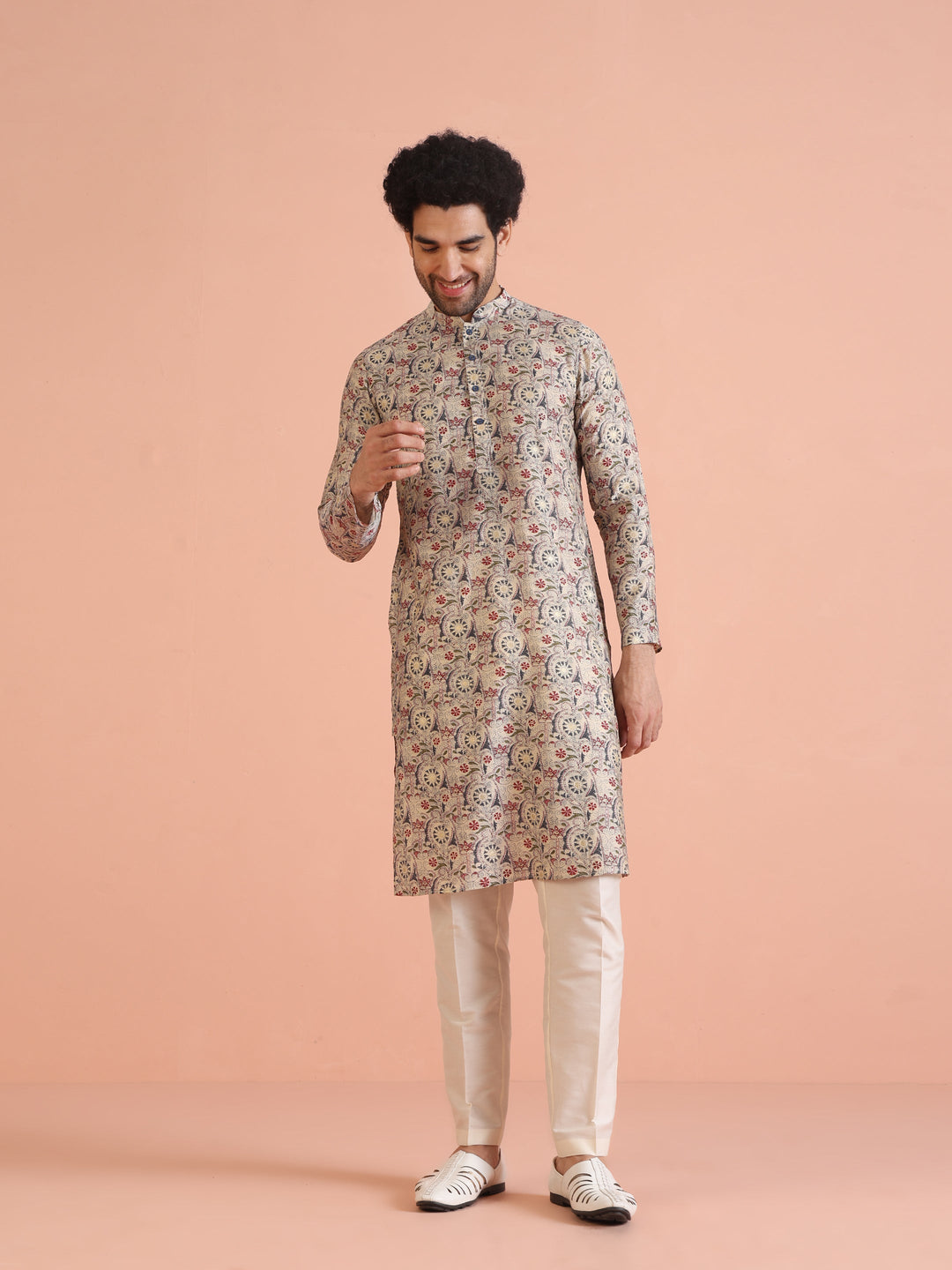 Multicolor Beige Printed Cotton Kurta | SHOBITAM