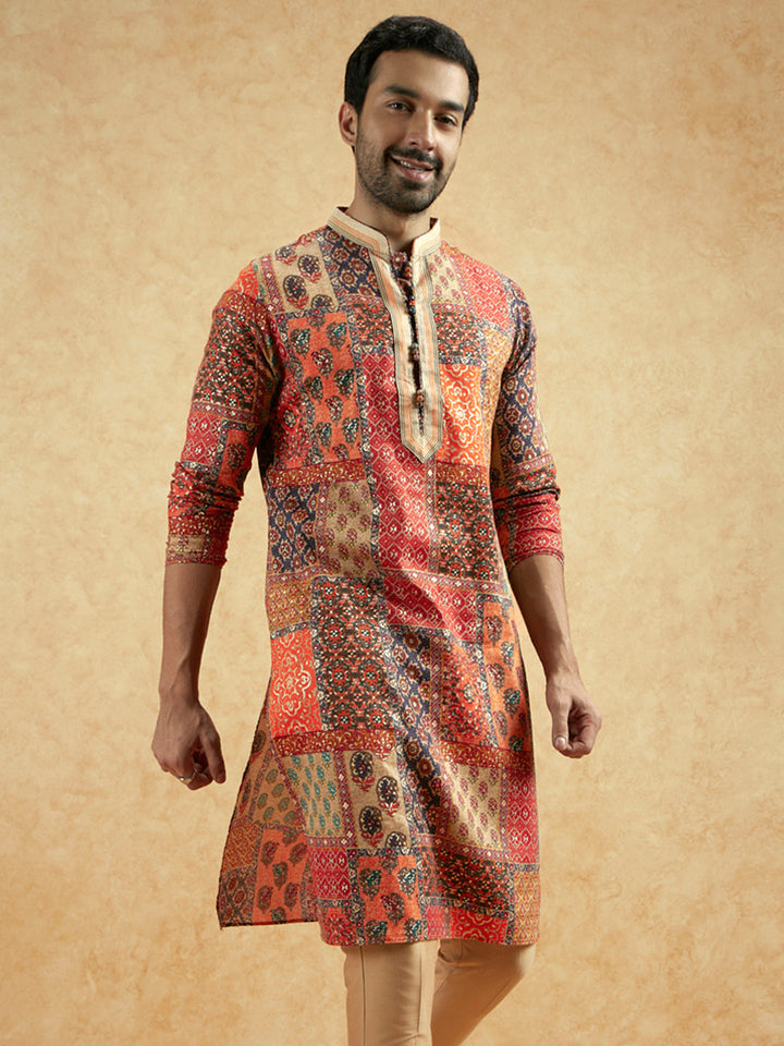Red Beige Art Silk Printed Long Kurta | SHOBITAM