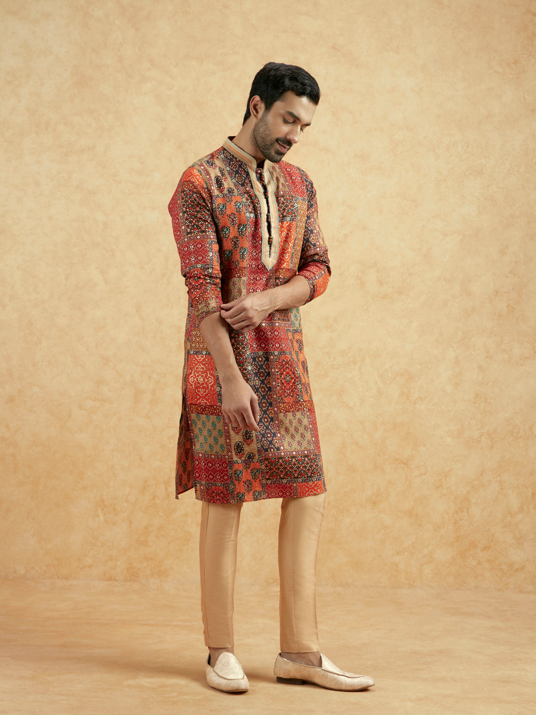 Red Beige Art Silk Printed Long Kurta | SHOBITAM
