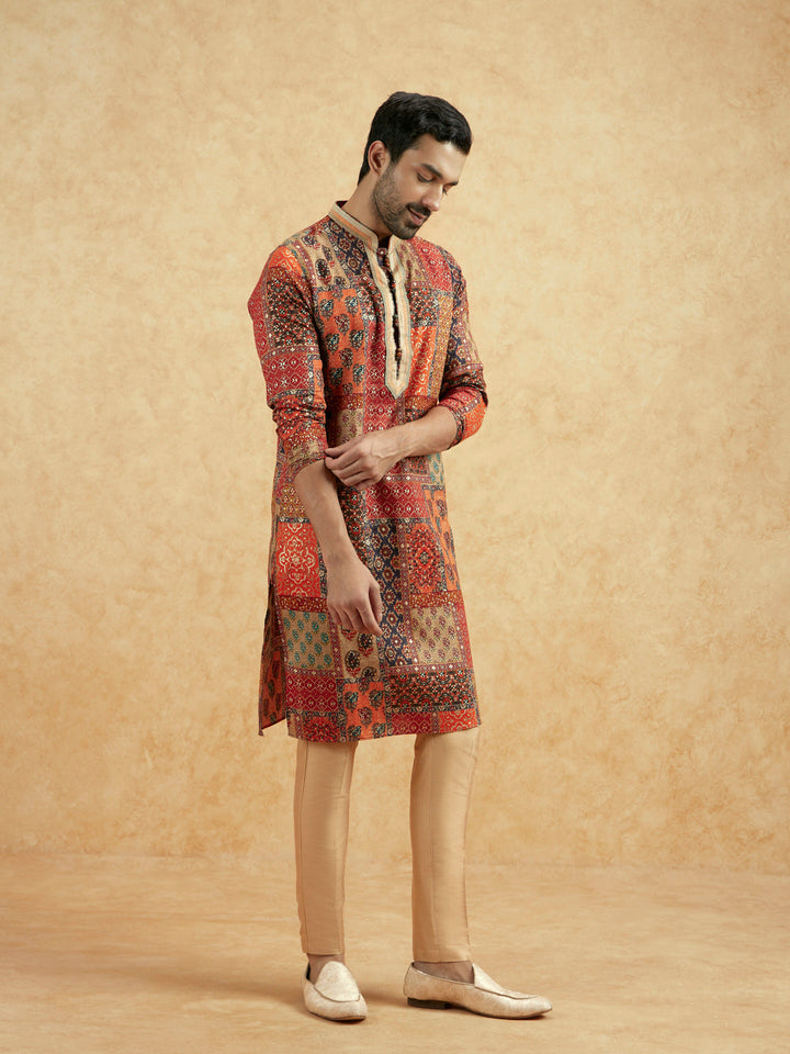 Red Beige Art Silk Printed Long Kurta | SHOBITAM