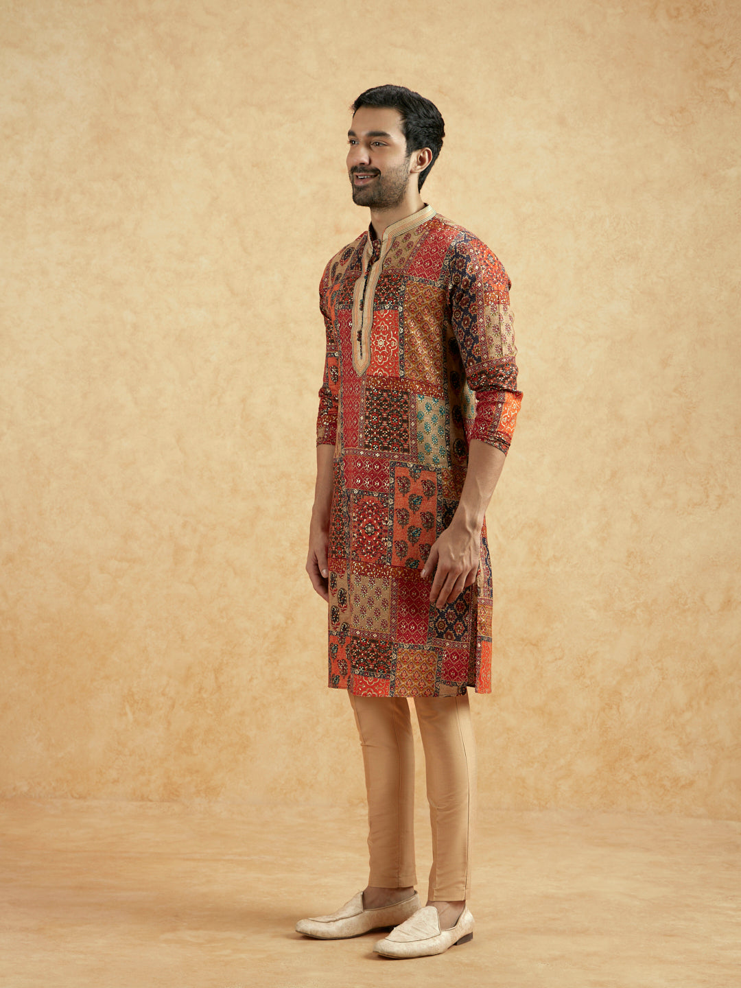 Red Beige Art Silk Printed Long Kurta | SHOBITAM