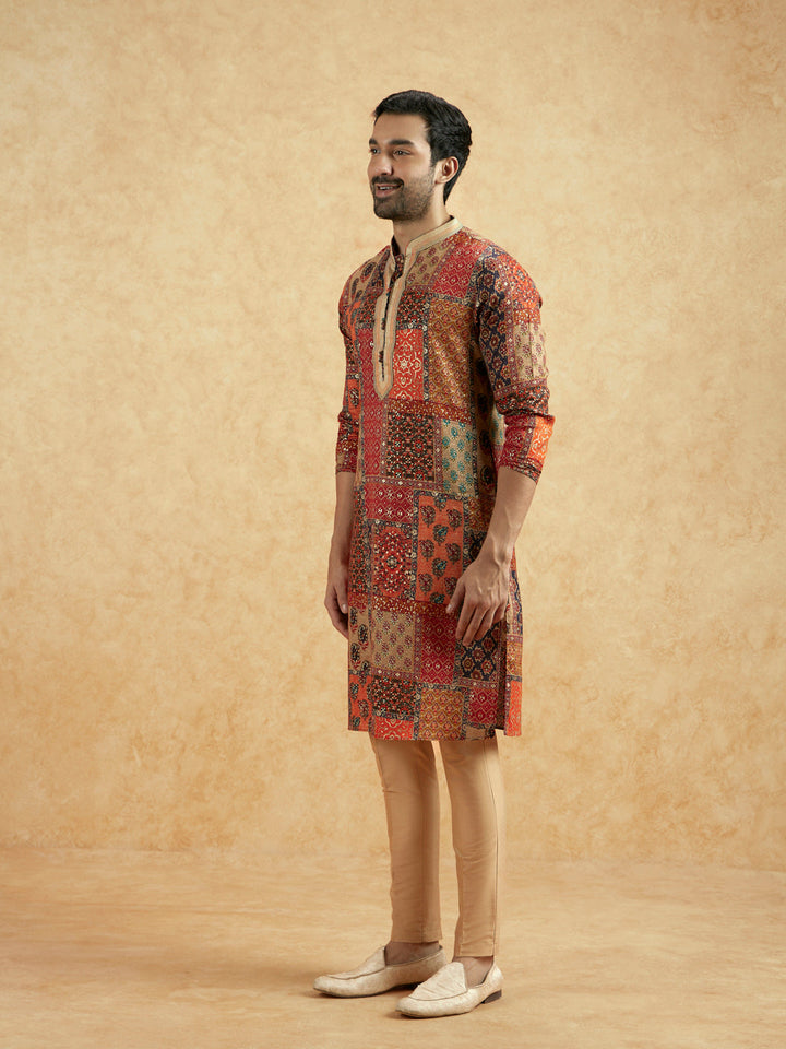 Red Beige Art Silk Printed Long Kurta | SHOBITAM
