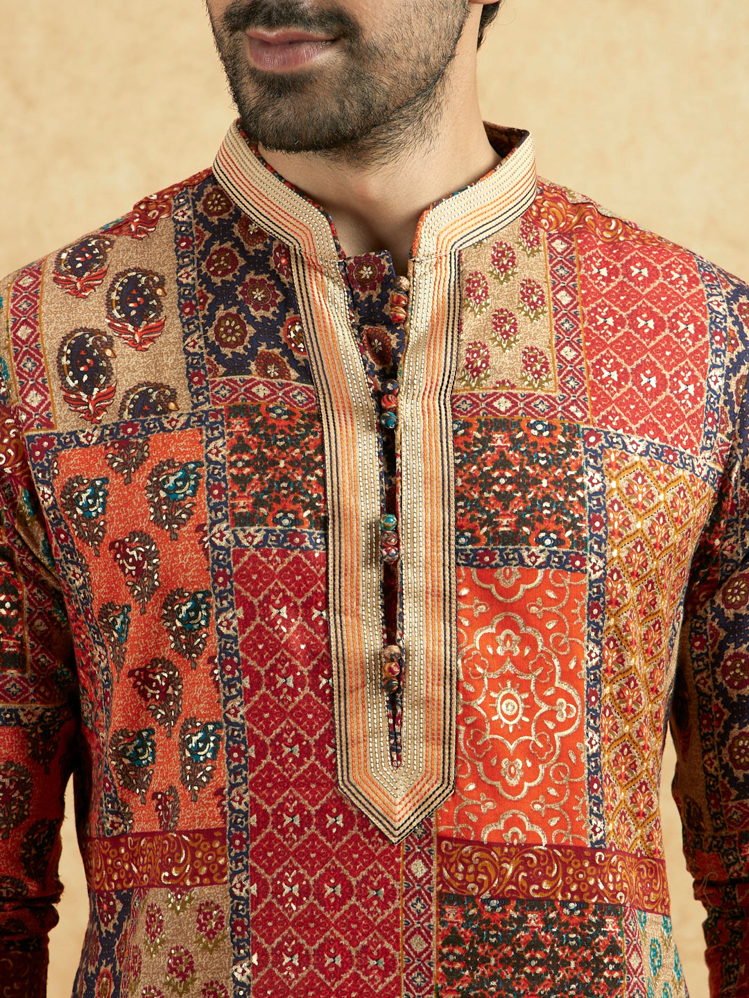 Red Beige Art Silk Printed Long Kurta | SHOBITAM