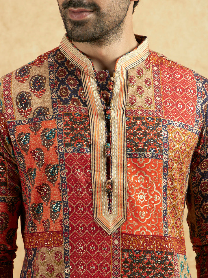 Red Beige Art Silk Printed Long Kurta | SHOBITAM