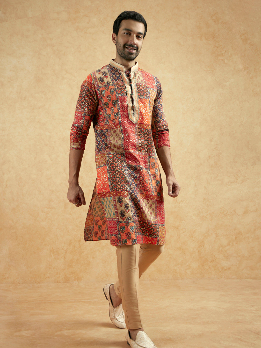 Red Beige Art Silk Printed Long Kurta | SHOBITAM