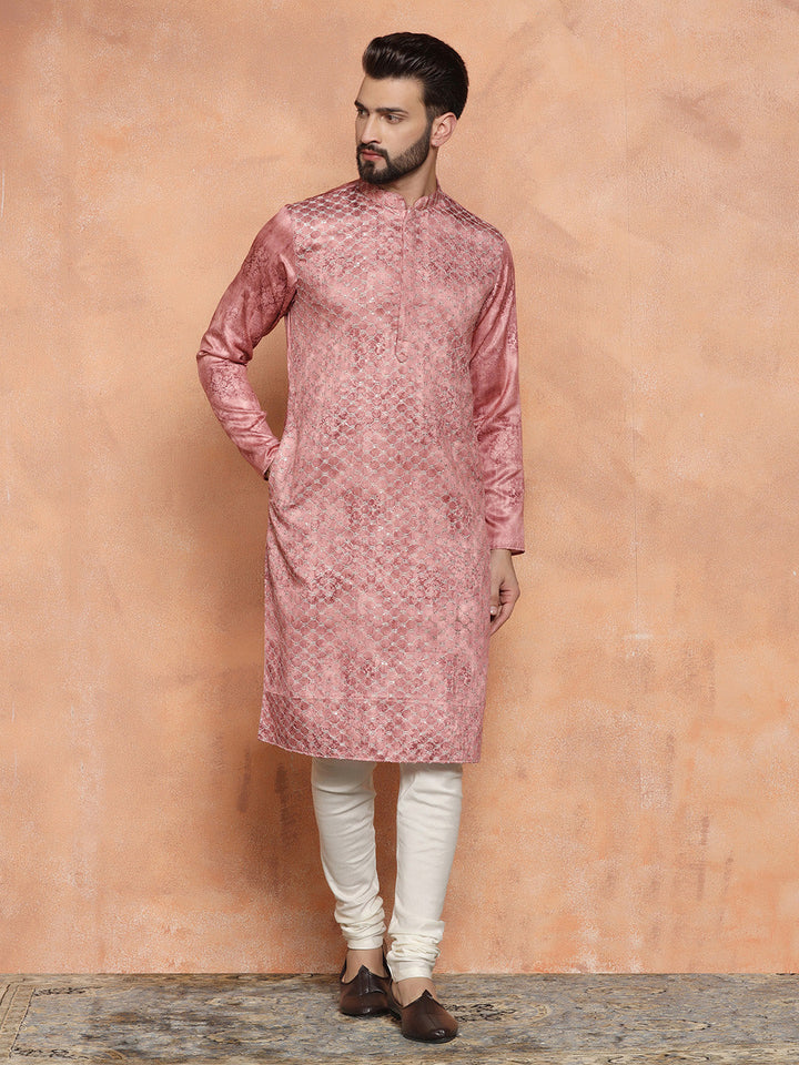 Pink Cotton Blend Embroidered Long Kurta | SHOBITAM