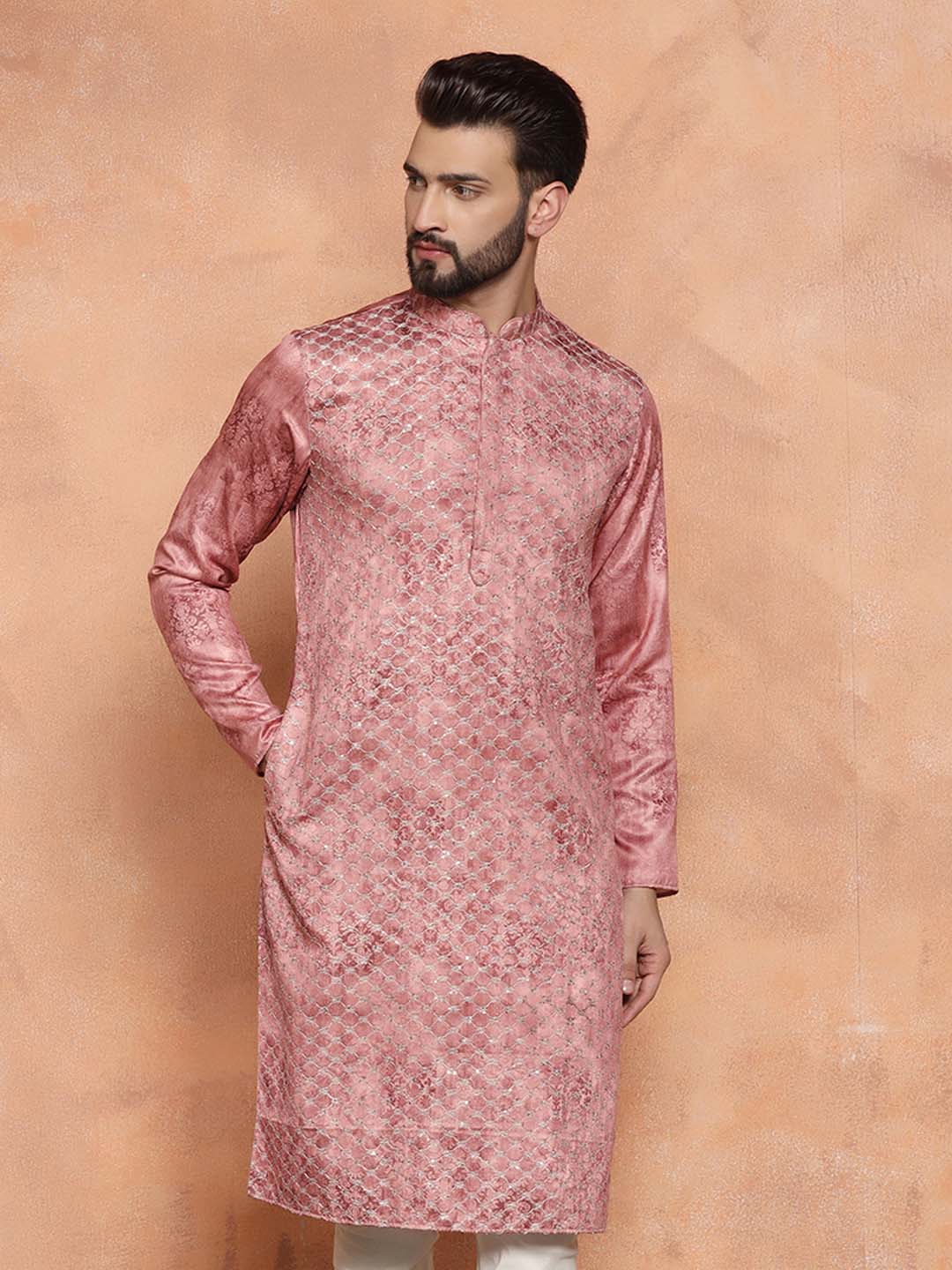 Pink Cotton Blend Embroidered Long Kurta | SHOBITAM