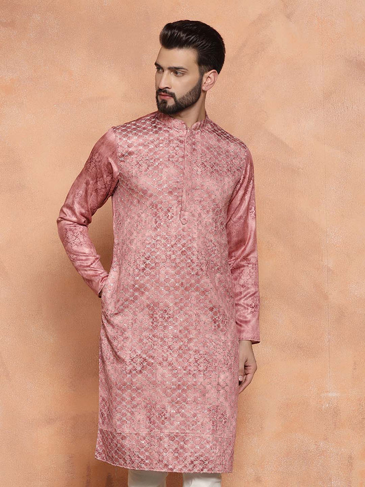 Pink Cotton Blend Embroidered Long Kurta | SHOBITAM