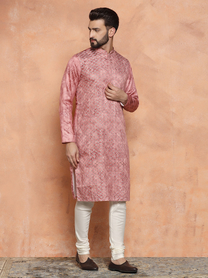 Pink Cotton Blend Embroidered Long Kurta | SHOBITAM